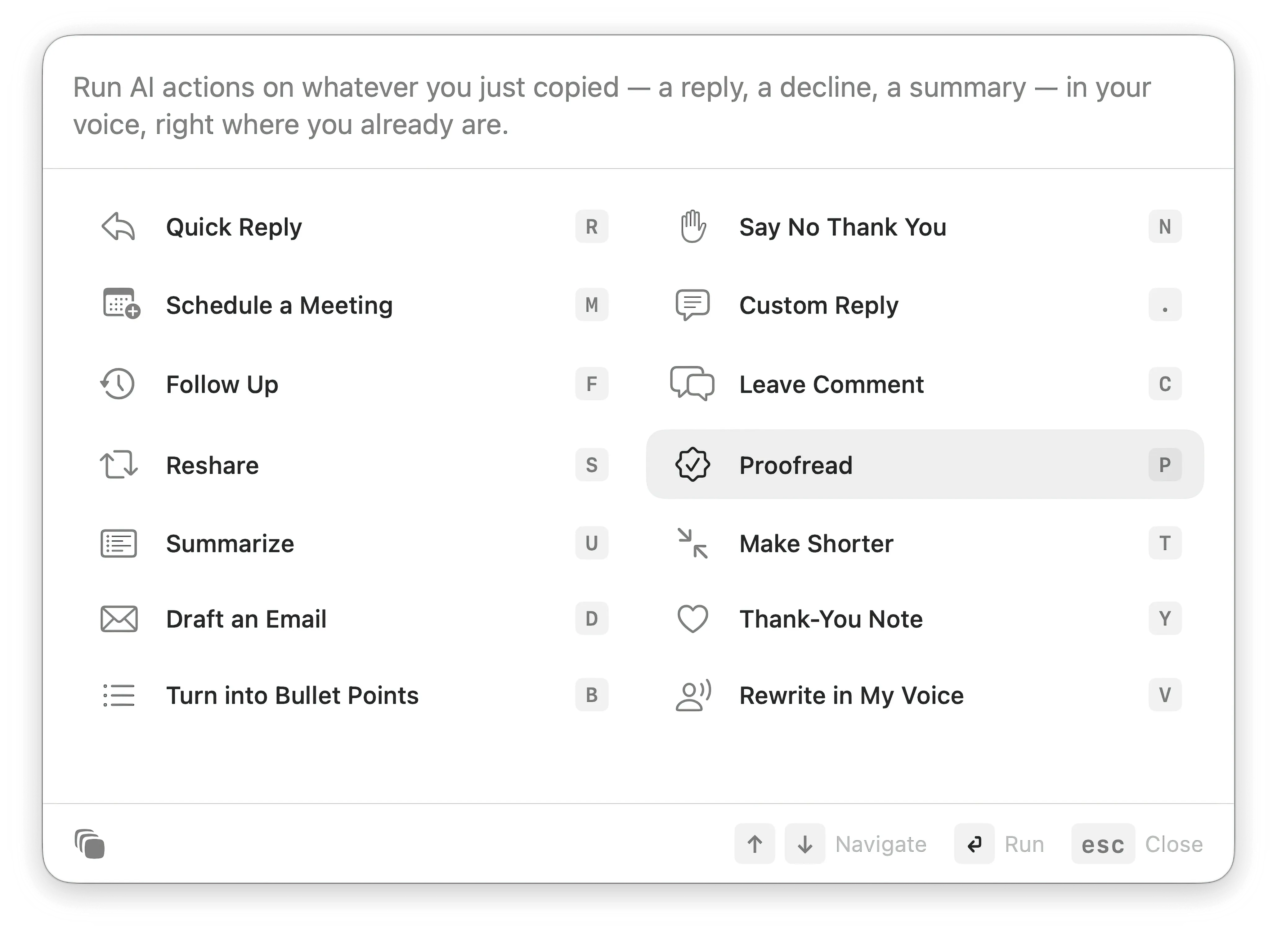 The CopyCopyPaste Action Palette showing actions like Quick Reply, Say No Thank You, and Summarize
